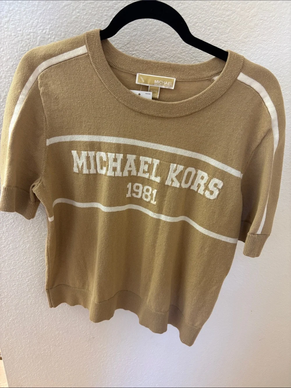 Michael Kors Tan and Cream Short-Sleeve Logo Knit Top